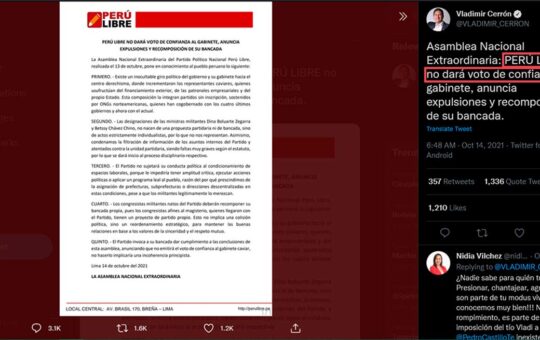 Cerrón crea división entre Pedro Castillo y Perú Libre