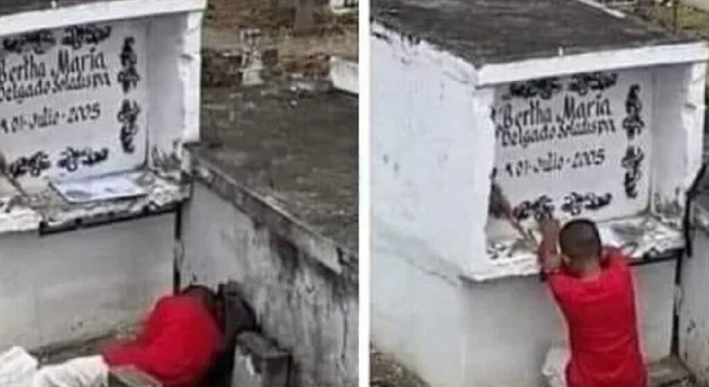 Captan a niño llevando dibujos a tumba de su mamá