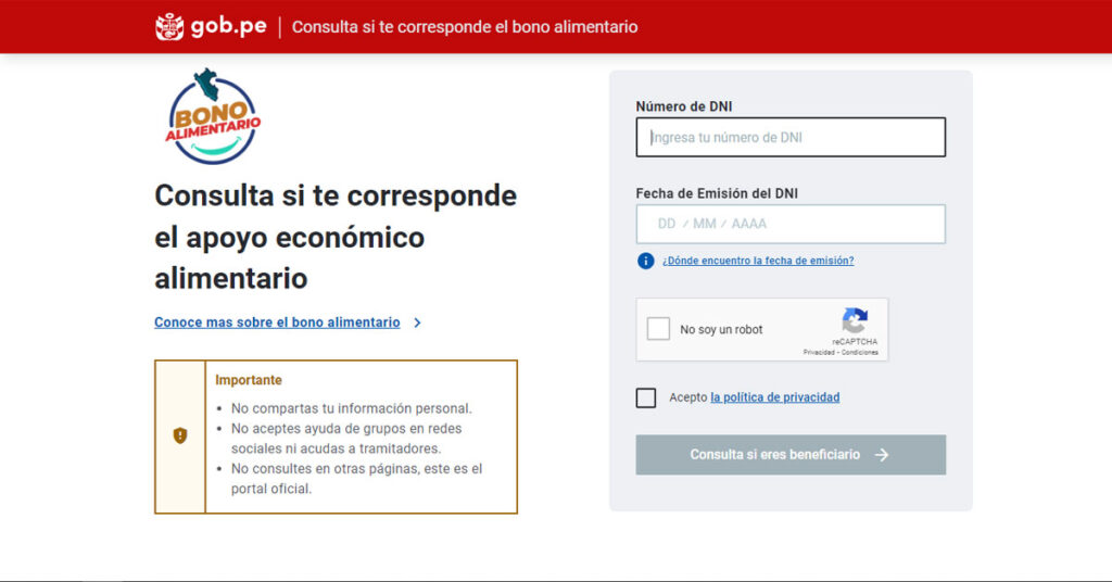 Bono Alimentario: Actualización de plataforma